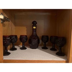 Avon Ruby Red, Cape Cod, Decanter and 6 Wine Glasses.